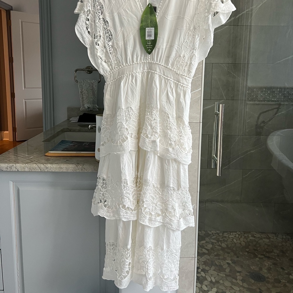 FARM RIO Off-White Richelieu Tiered Midi Lace Dress - Picture 6 of 16
